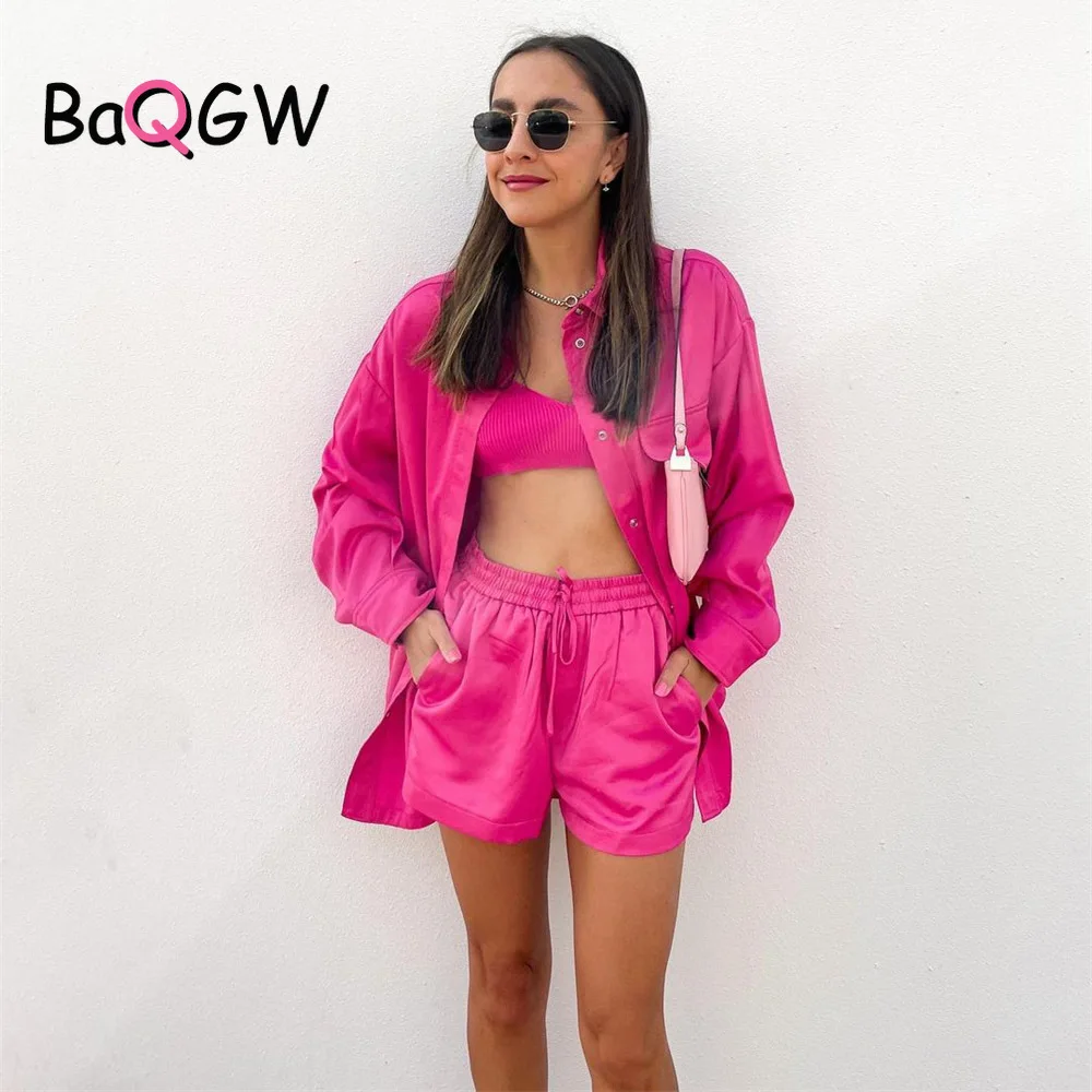 

BaQGW Spring Autum Women Two Piece Set Loose Single Breasted Shirt Lace Up Straight Short Pants Outfits Female Casual 2pc Suits