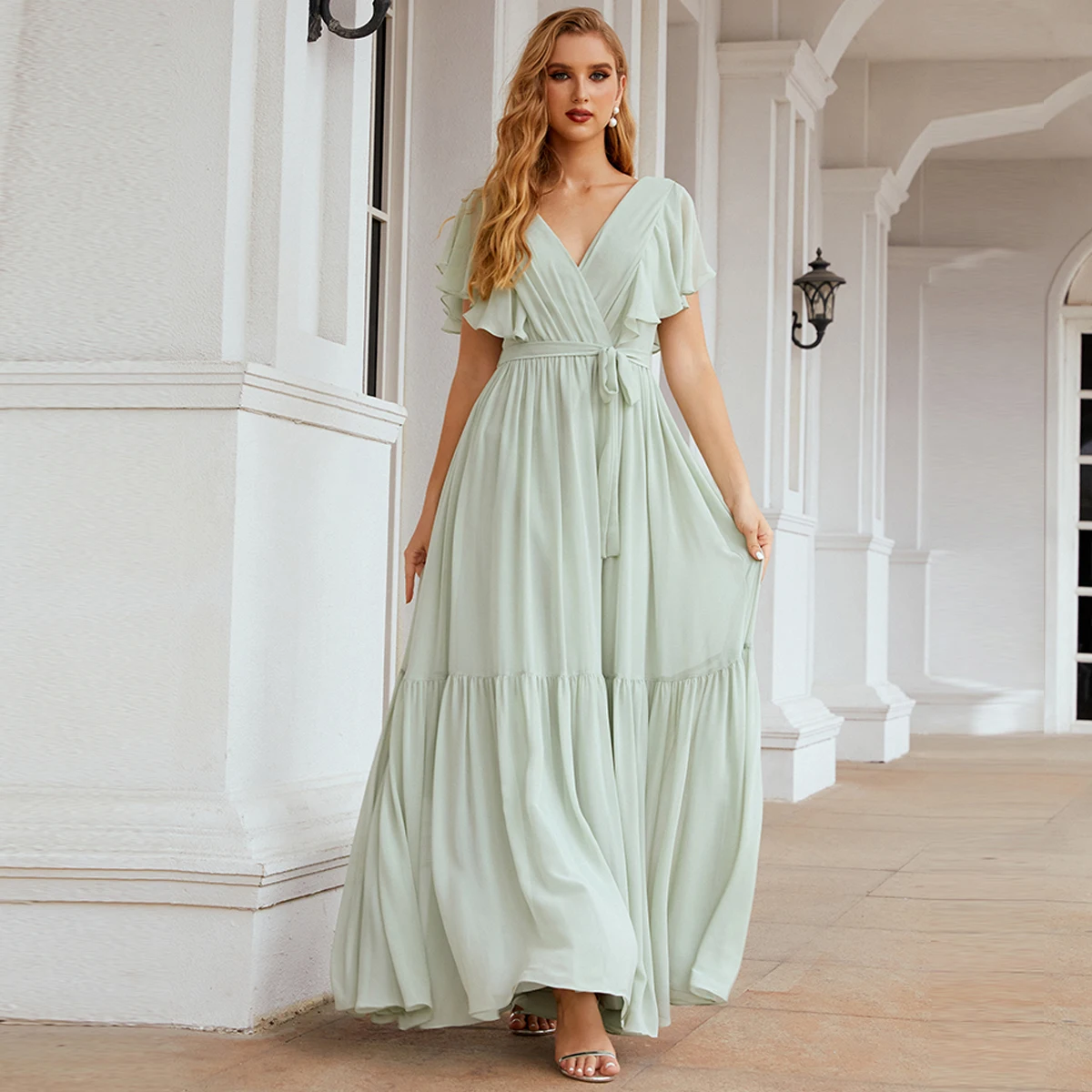 

FEELTIMES Sage Green Bridesmaid Dresses Long A-Line V-Neck Cap Short Sleeves Women's Elegant Chiffon Cheap Wedding Party Gowns