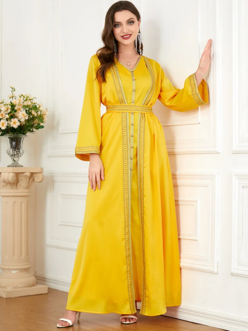 Gulf Jalabiyas Woman's Evening Dress 2pcs Long Dresses Muslim Set Abaya Dubai Luxury High Class V-Neck Lace Tape Belted Kaftan