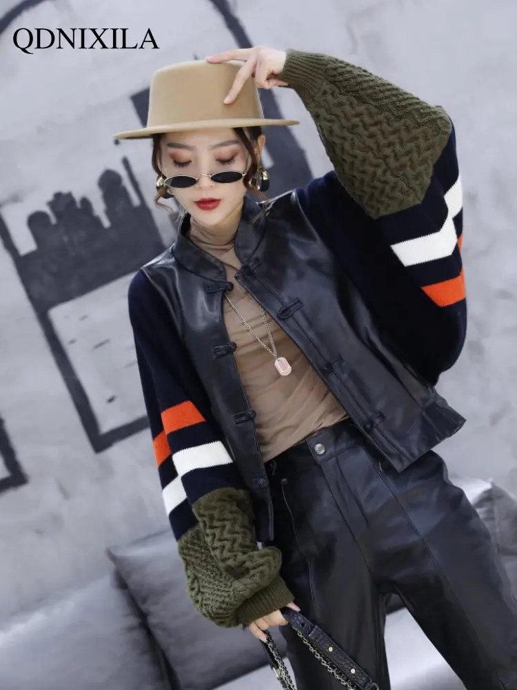 Leather Jacket Women Cardigan Knit Wool Sleeves Ethnic Style New Outerwear Fashion Button Design Women Imitation Sheepskin Coat