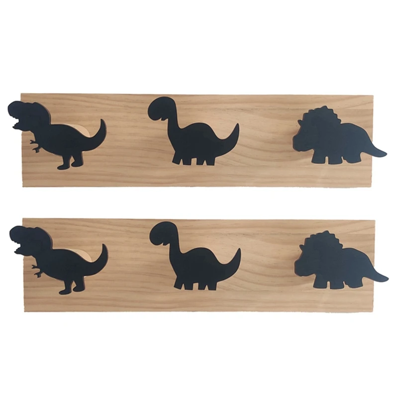 

ABHG 2X Kids Dinosaur Wall Mounted Coat Hooks Wooden Door Hanger For Boys Bedroom Nursery Playroom Decorations -Black