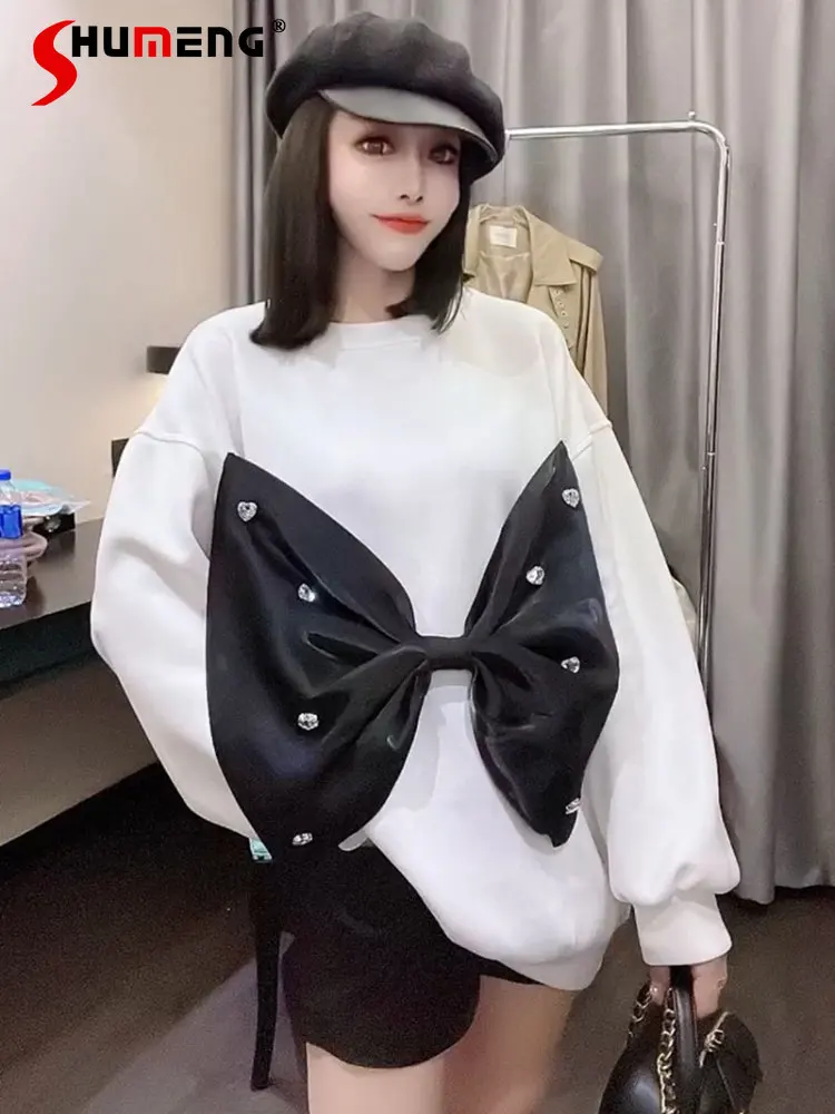 

Ladies Oversized Stylish Splicing Bead Bow Sweatshirt 2022 Early Autumn New Women's Fashion Loose O Neck Long Sleeve Sweatshirts