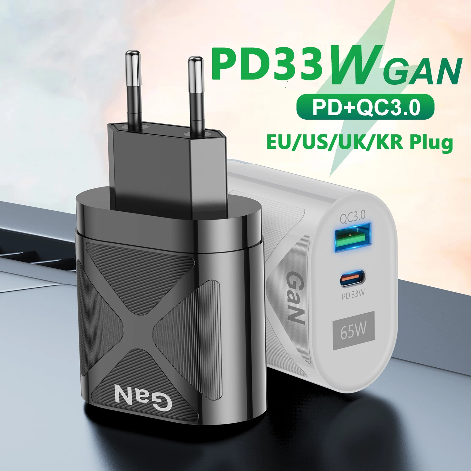 

PD 33W GaN Fast Charger for iPad iPhone 13 12 Pro Max QC 3.0 2Ports 65W USB Type C EU US UK KR Plug for Samsung S22 Xiaomi Mi 11