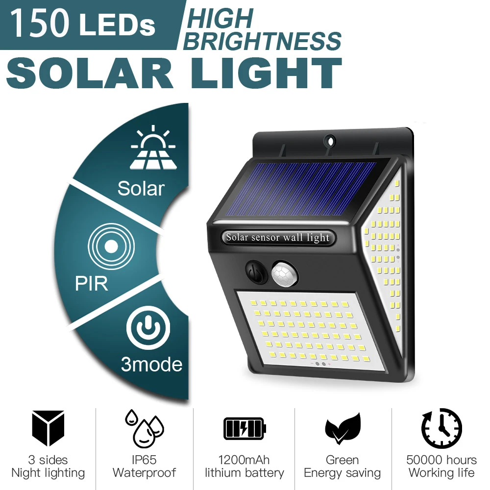 

3Mode Waterproof 150 LED Solar Motion Sensor Lights Outdoor Sunlight Solar Powered Street Wall Lamp for Garden Decoration 1-8pcs