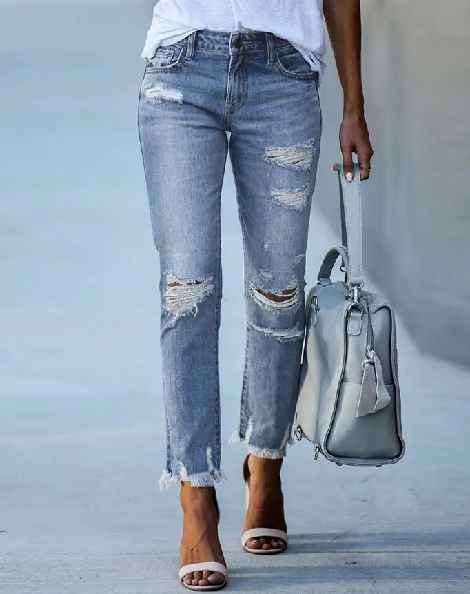 2023 Spring New Washed and Frayed Fringe Jeans Female Slim High Elasticity Small Foot Pants