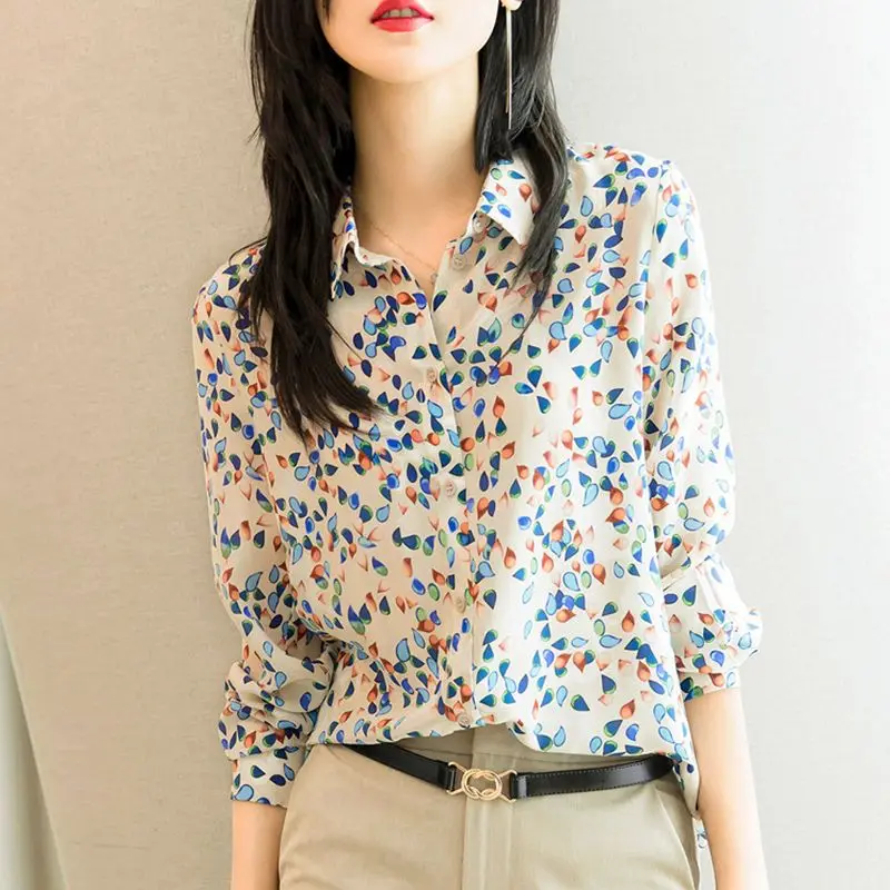 

Женская офисная блузка со сломанными цветами, модная однобортная Весенняя Корейская женская одежда с длинным рукавом, Свободная Повседневная рубашка-поло с воротником