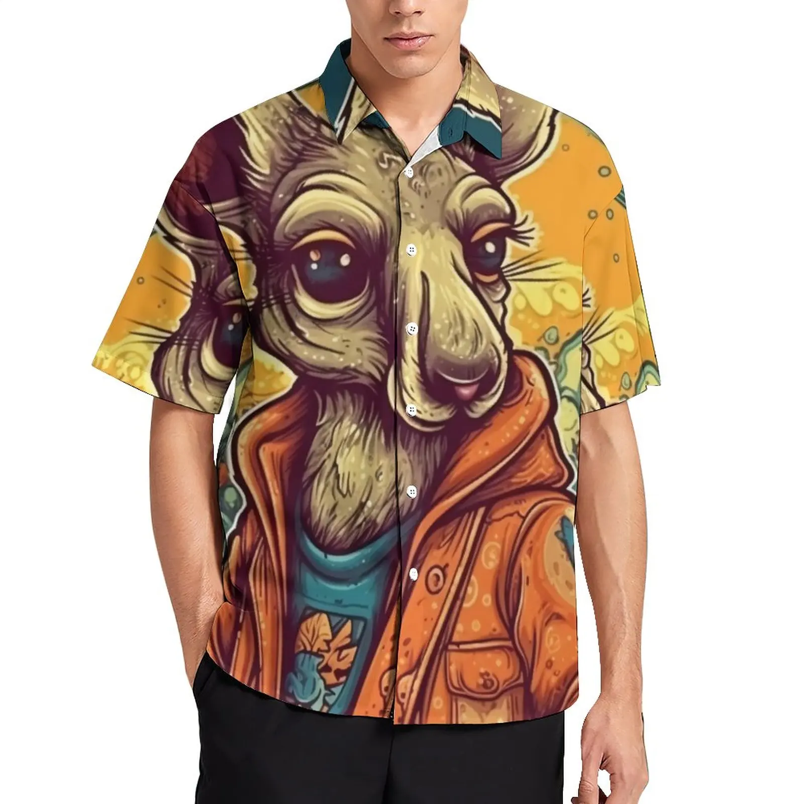 

Kangaroo Loose Shirt Man Vacation Cartoon Nature Style Casual Shirts Hawaii Design Short-Sleeved Y2K Oversize Blouses