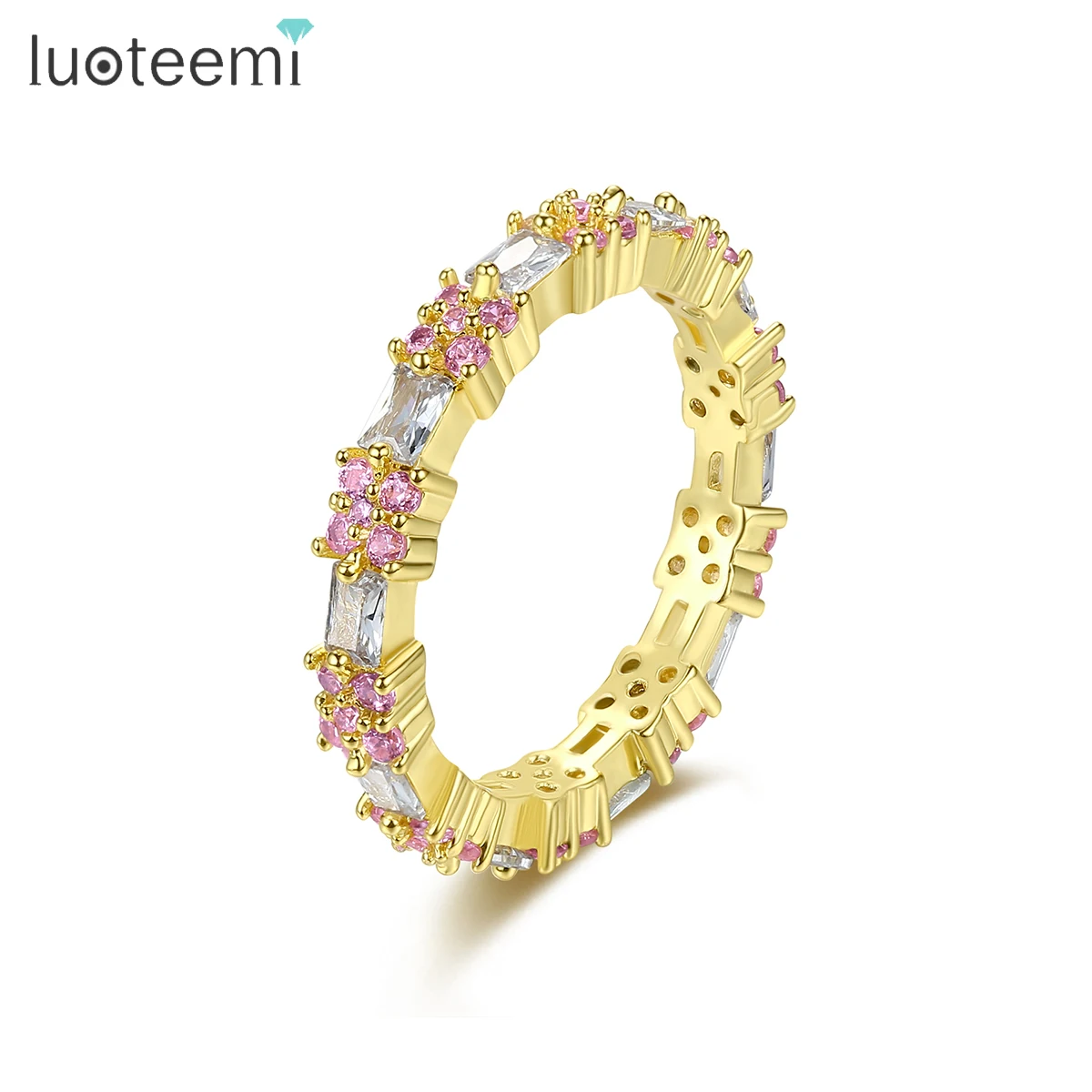

LUOTEEMI Four Sizes Pink and White Cubic Stone Finger Ring for Women Cute Design Shinning Bohemia Jewelry Friends Gifts