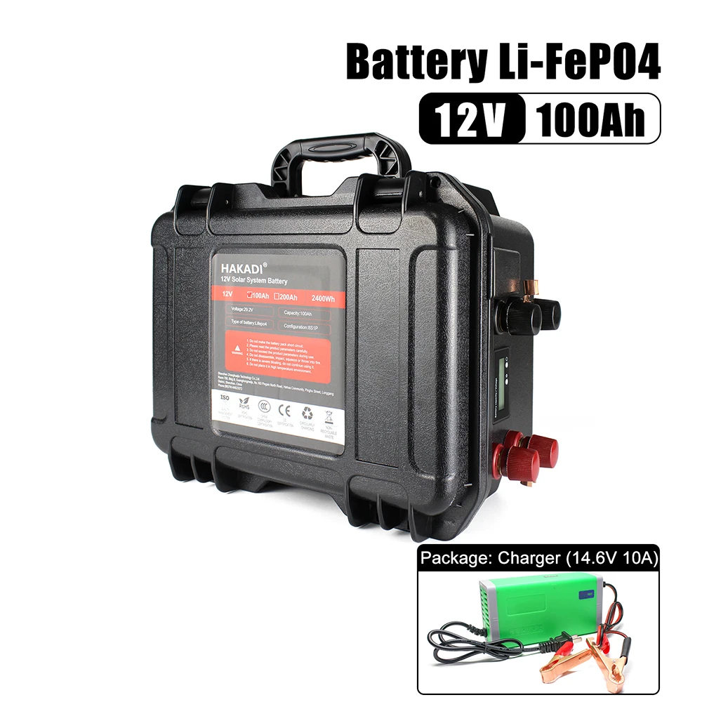 

Lifepo4 12V 100Ah Battery Pack Build in BMS Waterproof Rechargeable Lithium Battery For Boat RV Solar System With 10A Charger