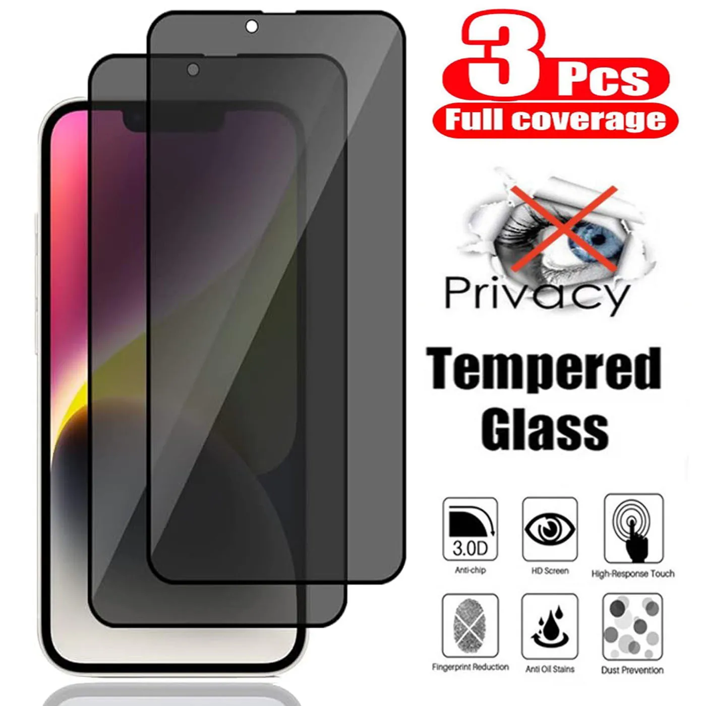 

3Pcs Black Privacy Protective Tempered Glass For iPhone 13 12 11 Pro Max Anti Spy For iPhone 14 15 Plus X XR XS Max Glass