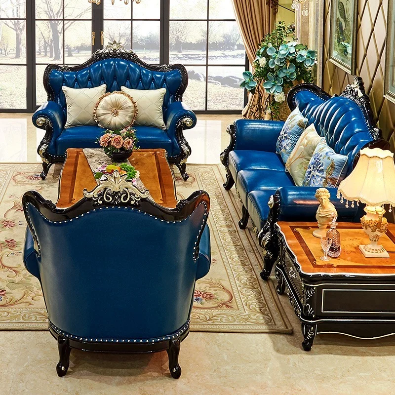 

European-Style Sofa Combination Living Room Solid Wood Carved Ebony Top Layer Leather Residential Furniture Complete Solid
