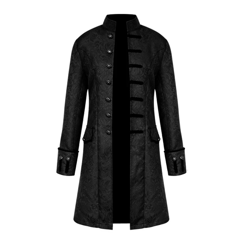 

New Black Stand Collar Full Sleeves Halloween Cosplay Gothic Steampunk Coat Long Vintage Jacket Medieval Renaissance Men Clothes