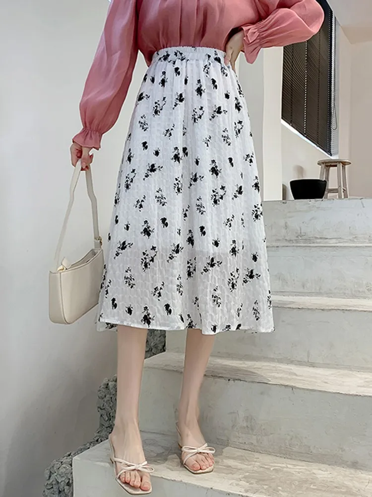 

Женская длинная юбка с цветочным принтом, Повседневная универсальная трапециевидная юбка с высокой талией, модель W1005 в Корейском стиле на ...