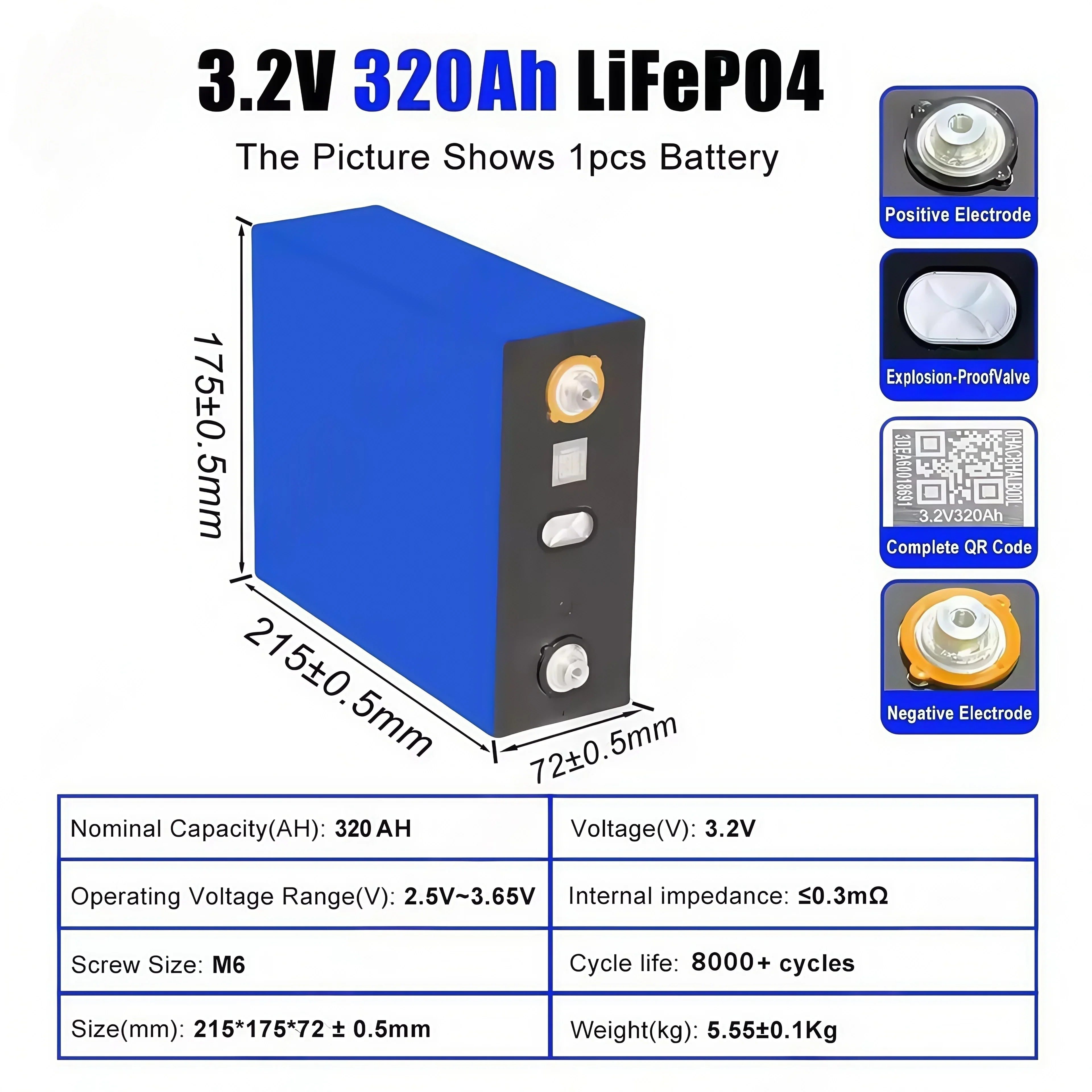 Фото Класс A, 320 Ач, 8000 циклов LiFePO4, 3,2 В, аккумуляторная батарея, подходит для DIY 12 В, 24 В, 48 В, хранения солнечной энергии, тележки для гольфа, кемпинга №2