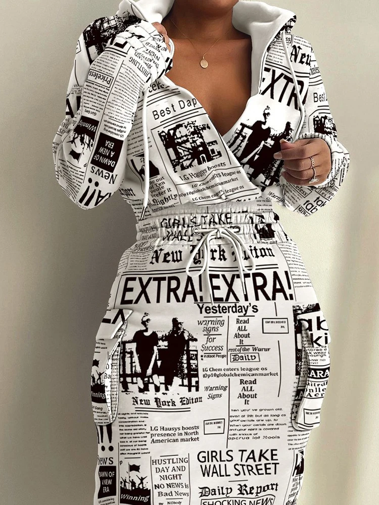 

Винтажное платье с принтом, свитшот, Осенние повседневные платья с капюшоном и длинным рукавом, женская одежда с карманами на завязках