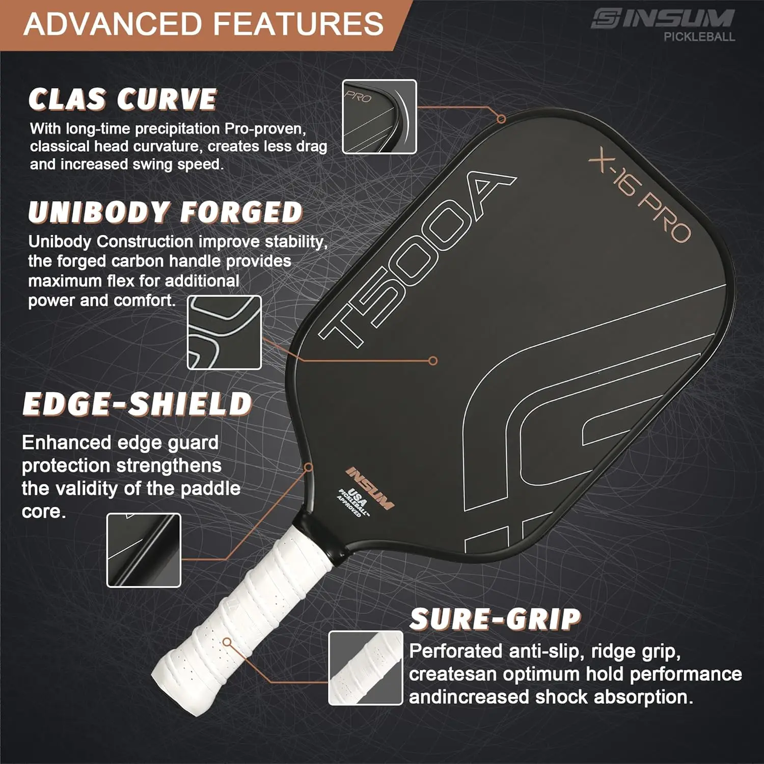 T500A Toray Raw Carbon Fiber 16mm Pickleball Paddle Sets USAPA Approved Designed for Ultimate Spin &amp Consistency Rackets - Black