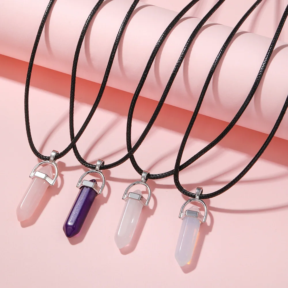 

Hexagonal Column Quartz Necklaces turquoises Pink Crystal pendent Necklace For Women Leather Chain Natural Stone Choker Necklace