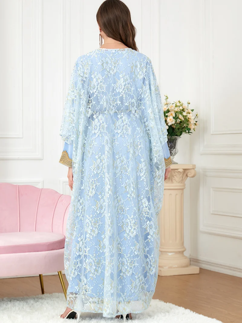 Turkey Muslim Sets Women 2 Piece Abaya Set Ladies Stain Lace Hook Flower Cardigan Abayas Belted Kaftan Dress Dubai Turkey Arabic