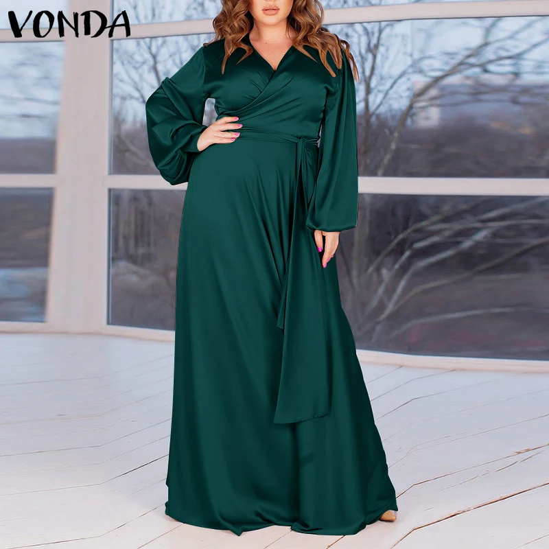 

VONDA Women Pleated Dresses Summer Spring Casual Solid Color Baggy Vestidos Female Satin Slik Dress Oversized A-Lined Sundress