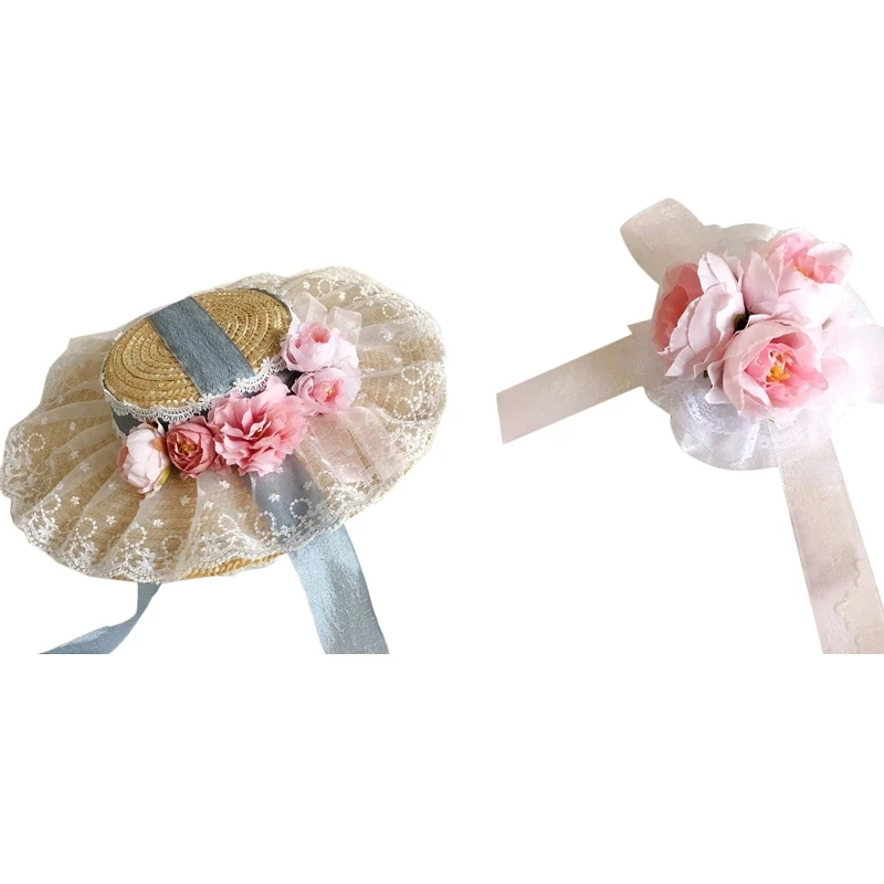 

Flower Decor Large Brim Flat Hat Lolita Anti-UV Tea Party Sandy Beach Hat Seaside on Summer Vacation Sun Hat and Hairpin