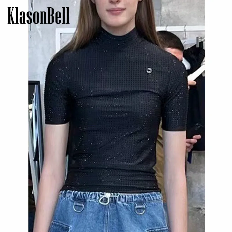 

8.7 KlasonBell Autumn New Diamonds Crystal Turtleneck Short Sleeve Stretchy Slim Comfortable T-Shirt Women