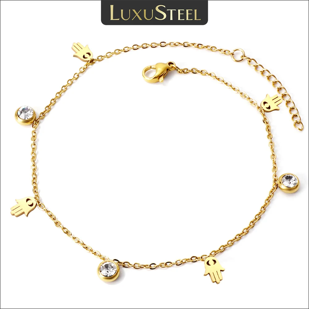 

LUXUSTEEL Cryatal Hamsa Hand Charm Anklets For Women Girls Gold Color Stainless Steel Chain Ankle Summer Holiday Jewelry 23+5cm