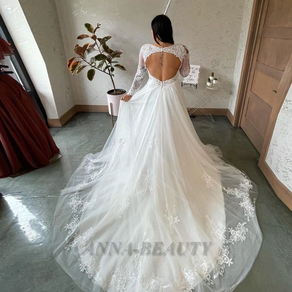 

Anna V Neck Backless Elegant Wedding Dresses Full Sleeve A Line Cathedral Train Appliques Robe De Soirée De Mariage Custom Made