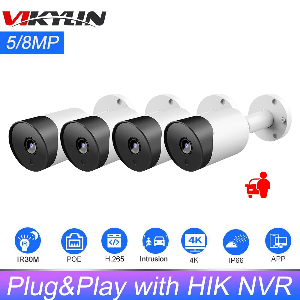 

Vikylin Hikvision Compatible 5mp 8mp Bullet Surveillance IP Camera IR30m Built-in Mic Human Vehicle Detection Plug&play Hik NVR