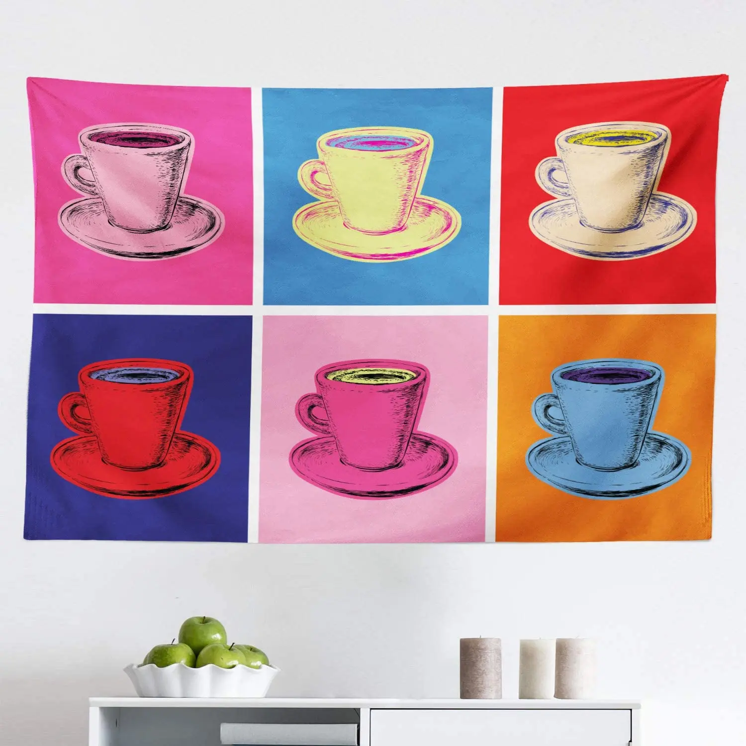 

Coffee Tapestry, Vintage Colorful Mugs Pop Art Modern Style Avant Garde Punk Sketch of Cups, Fabric Wall Hanging Decor