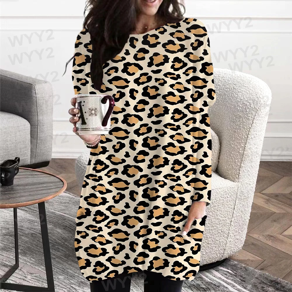Autumn Women's T-Shirt Leopard Print Long Sleeve Fashion Loose Round Neck Ladies Pocket Clothes Long Shirt Top Y2K