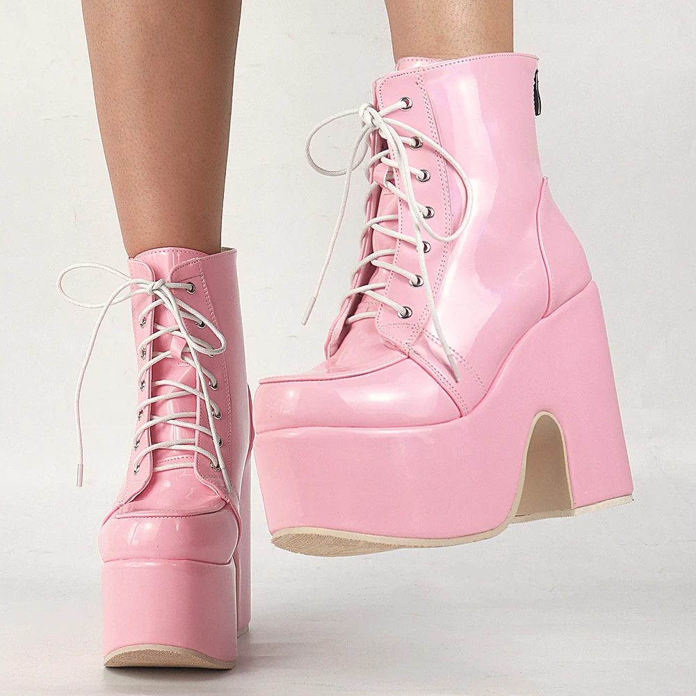 

Women INS Brand Platform Chunky high-heeled Lace Up Zip Ankle Boots Gothic Black Punk Cool Street Casual Autumn Motorcycle Boots