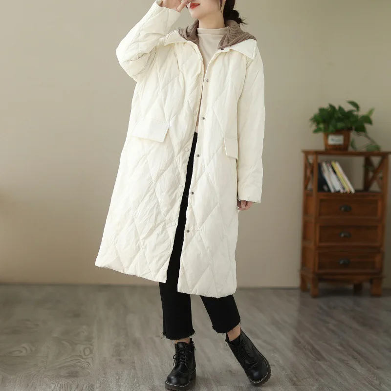 Detachable hooded lapel cotton jacket women's mid-long winter 2022 diamond lattice mid-long cotton jacket