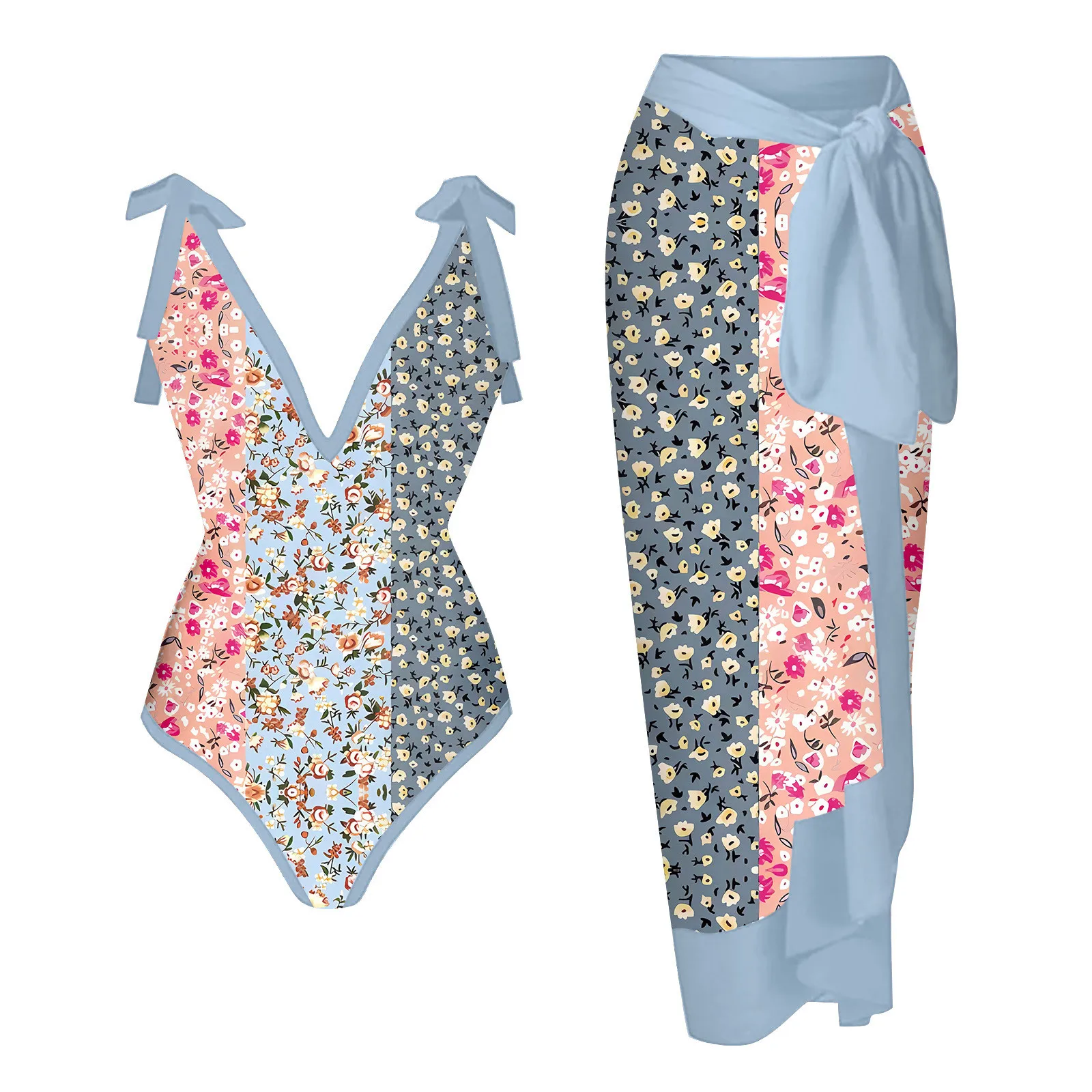 

Women's V-neck Fashion Retro Printed Conservative One-piece Beach Dress Set ropa de baño mujeres 2023 alta calidad ビキニ　レディース