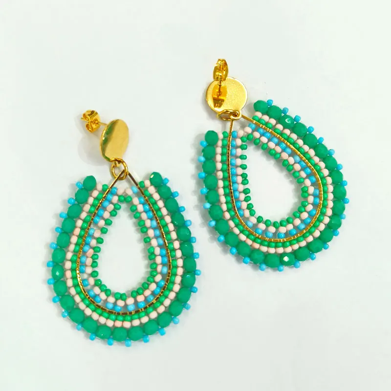 

Beaded earrings Water drop Hollow out Green Crystal Fashion Hand knitting Bohemia Alloy Simple Originality Rice bead earrings