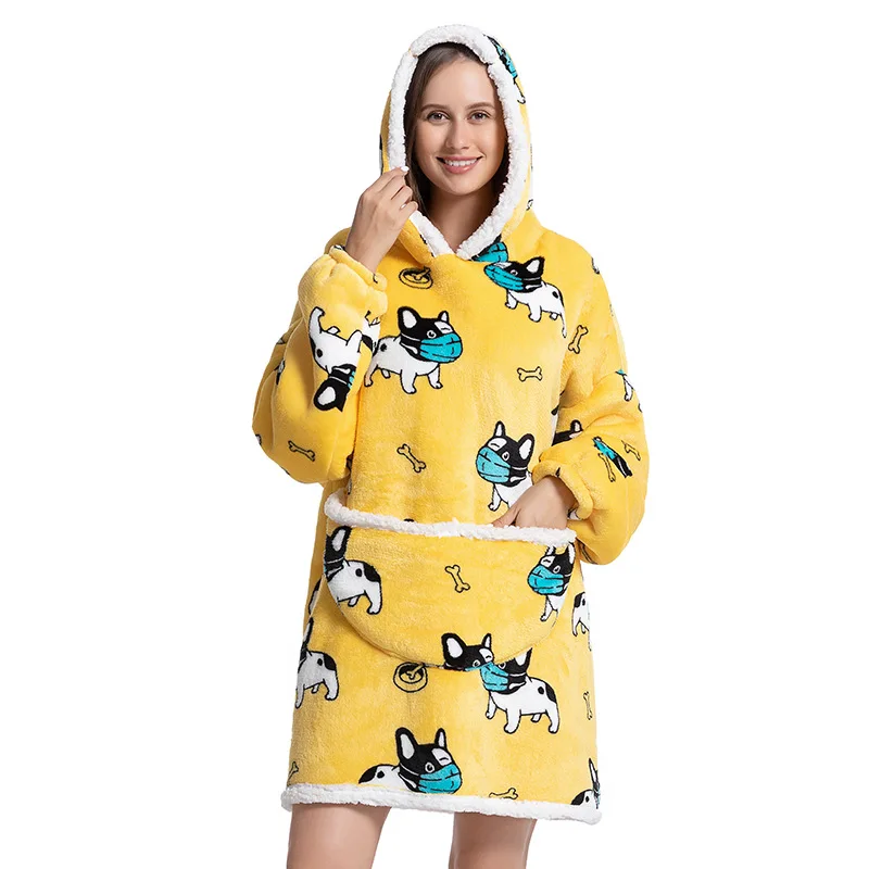 

Hoodie Blanket With Sleeves Nightgown Winter Hoodies Sweatshirt Yellow Dog Print Pullover Giant Wearable TV Blanket