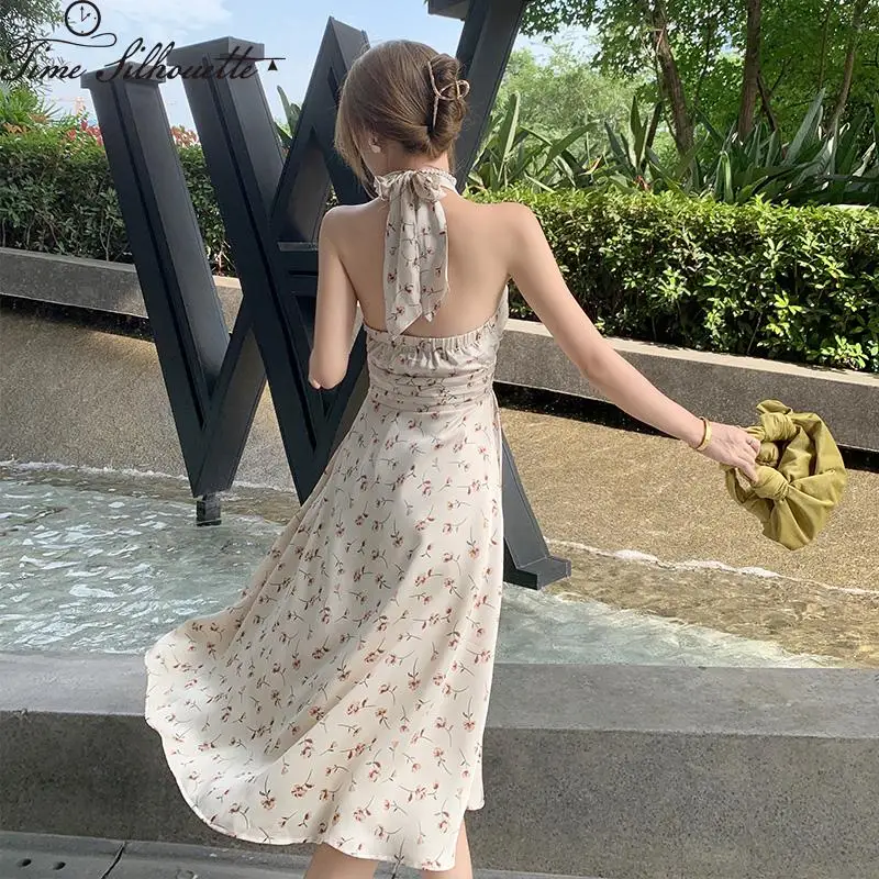 

Women's Flower Print Sexy Strap Halter Midi Dress Women Vestidos Robe Femme Vestidos Elegantes Para Mujer Feminino L57