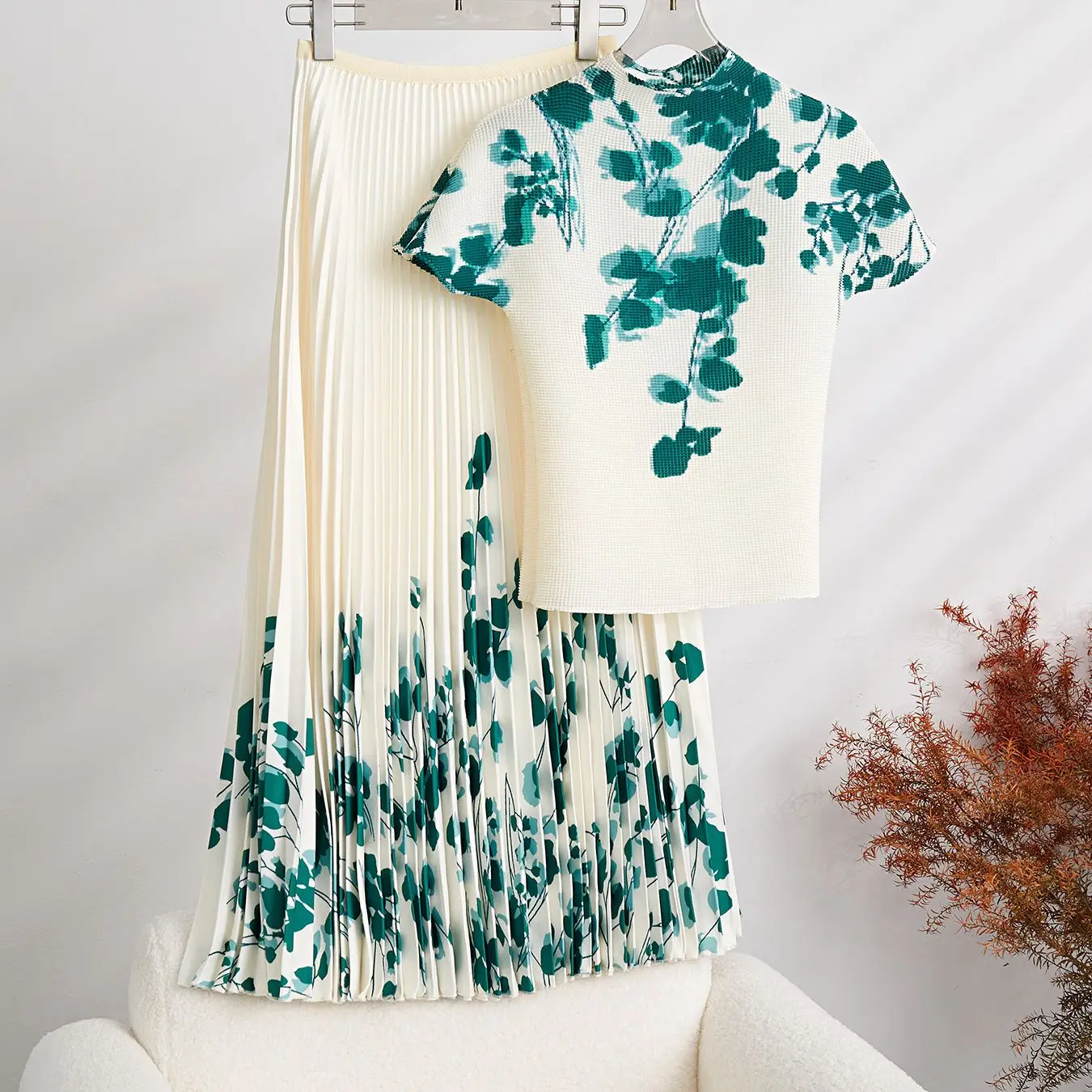 Summer Runway Flower Skirt Suit Women's Stretch Flower Print Tops + High Waist Floral Printed Skirt Holiday Two Pieces Set