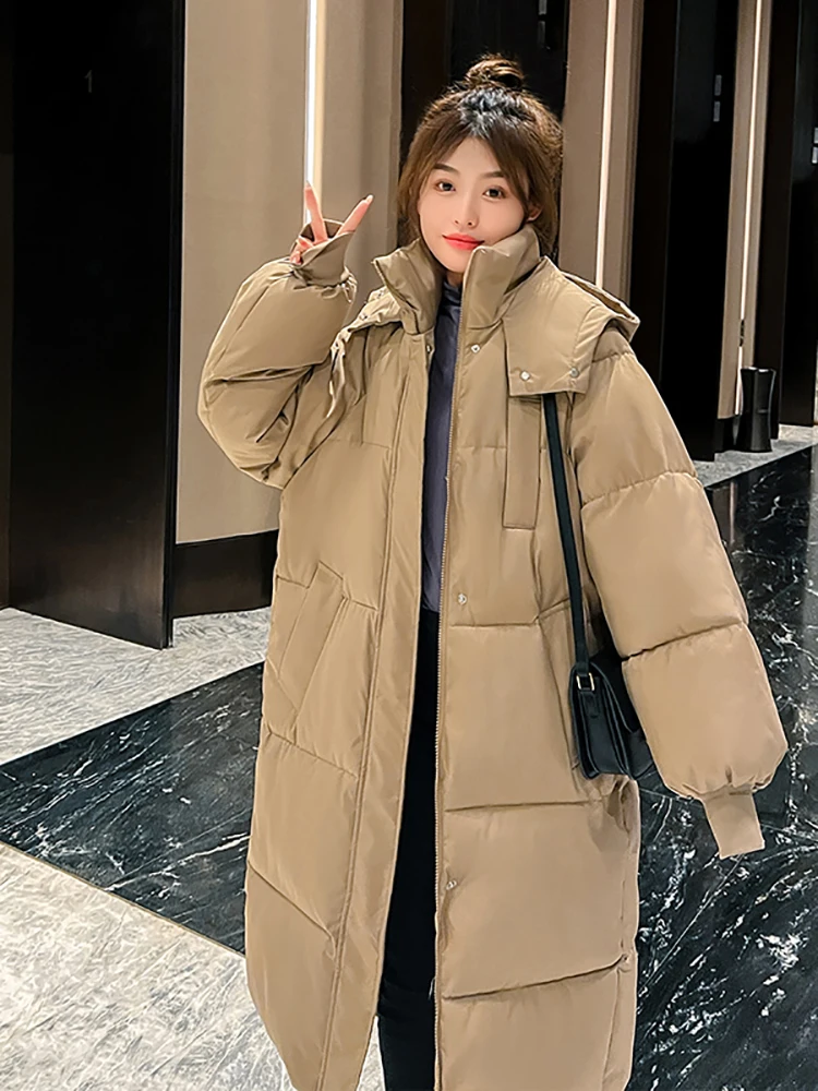 2023 Korean Jacket Women Winter X-long Parkas Solid Hooded Thicken Warm Female Snow Wear Coat Padded Loose Clothes