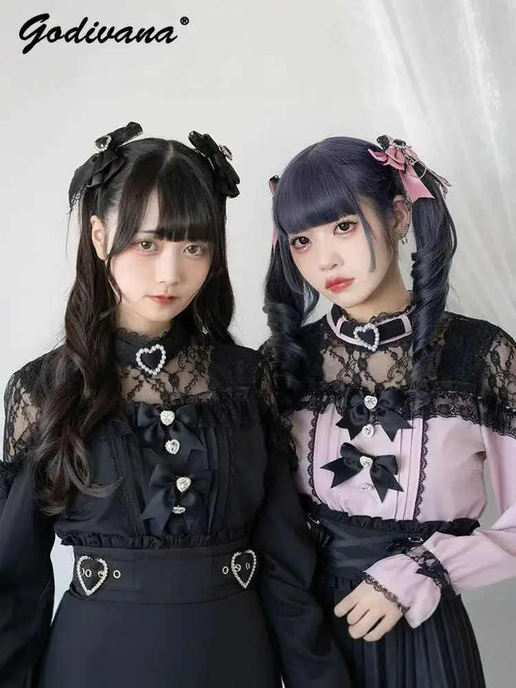 Женская кружевная рубашка с длинным рукавом и бантом в стиле лолита