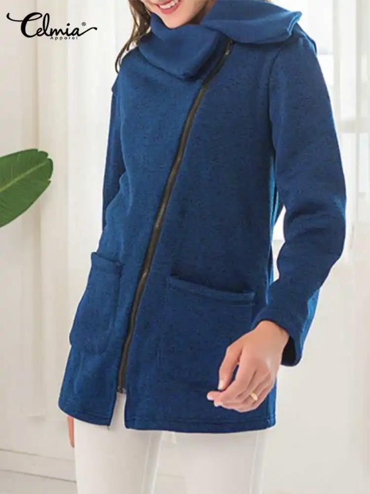 

Celmia 2023 Fashion Oversize Coats Women Female Sweatshirt Autumn Casual Clothing Warm Lapel Long Sleeve Obluque Zipper Jackets