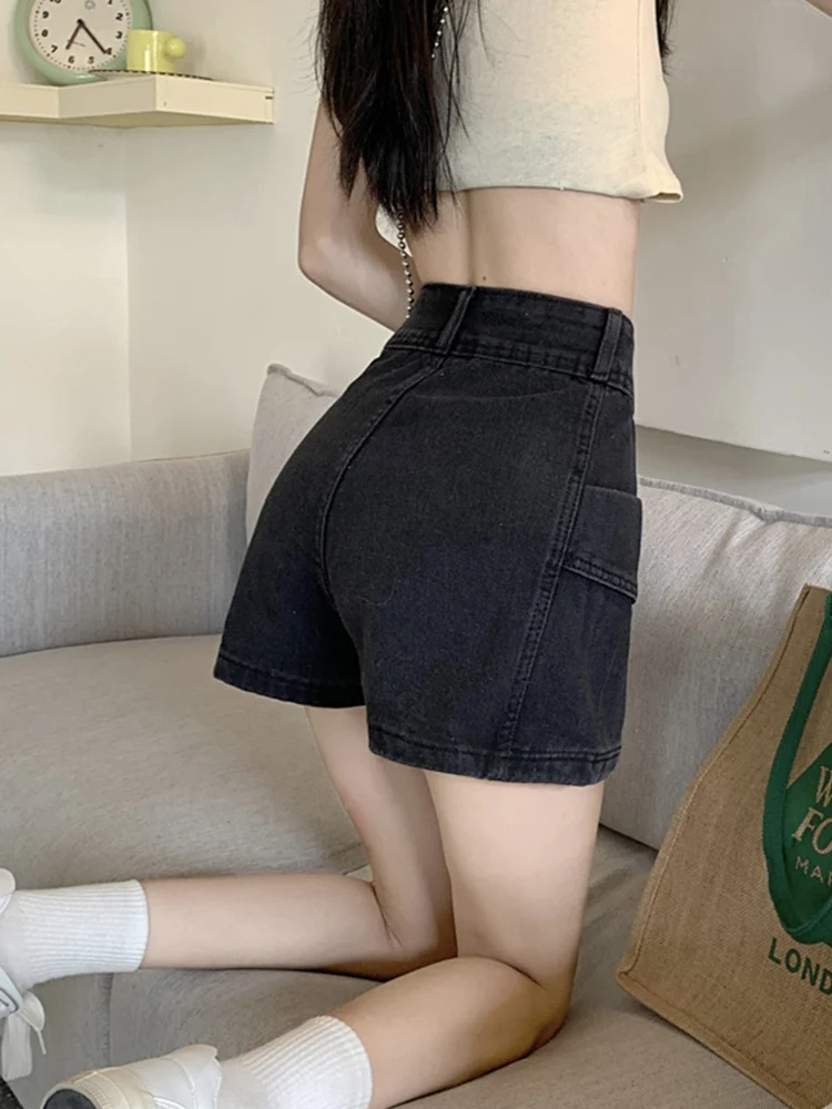 Streetwear Women High Waist Loose Retro Denim Shorts Skirts Spring Summer Women Asymmetrical Button Jeans Shorts