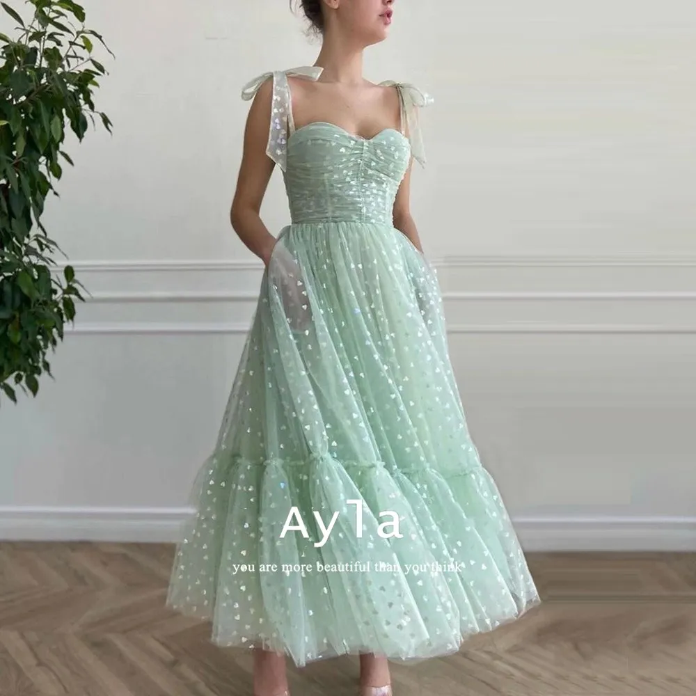 

Summer Frence Chiffon Tulle Prom Dresses Cyan Tea-Length Ruched Prom Gowns A-Line Formal Party Dresses Mae Da Noiva