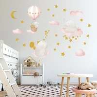 new cartoon baby elephant hot air balloon clouds stars moon wall stickers living room bedroom kids room home decoration painting