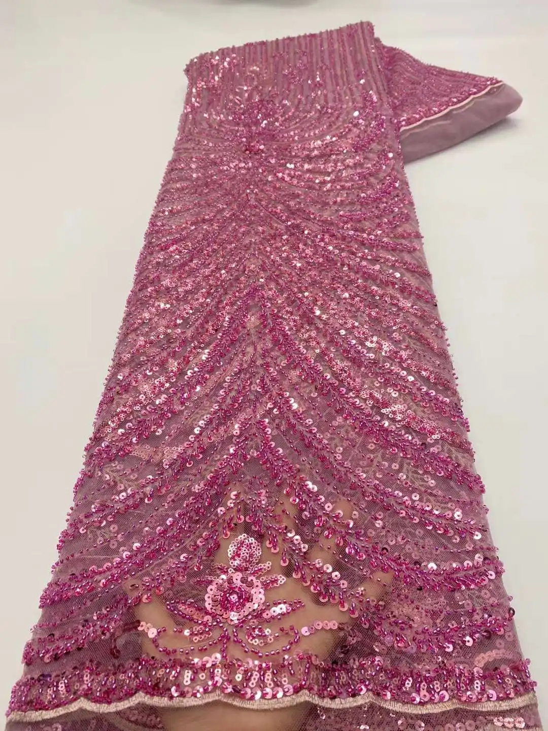 

French Handmade Pink Luxury Sequins African Lace Fabric 2022 High Quality Beads Tulle Fabric Nigerian For Wedding Prom Dress Sew