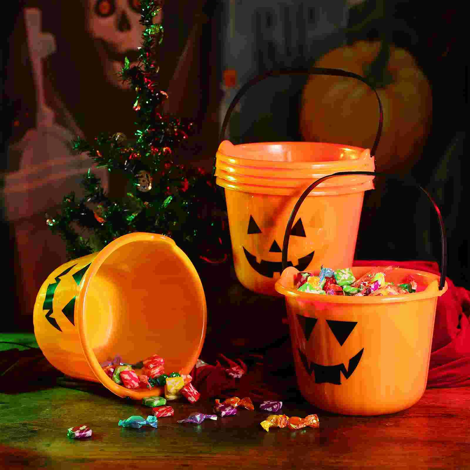 

Cabilock 6Pcs Pumpkin Trick or Treat Bucket Halloween Candy Pail Basket with Handle Party Favor Holder Party Supplies Pumpkins