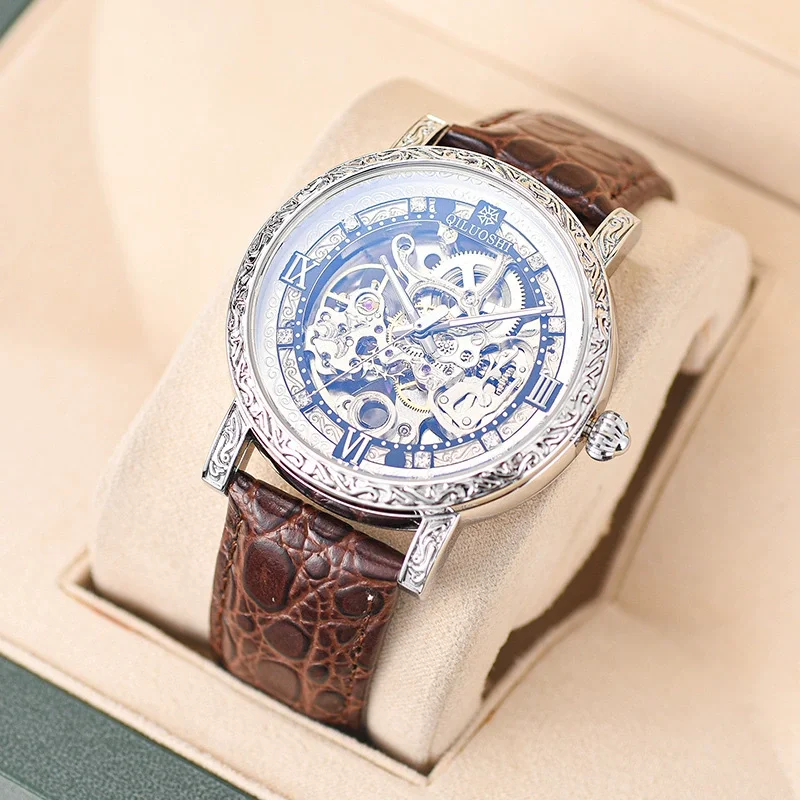 New carved mechanical watches retro Fashion Luminous leather strap Mens Watch Fully Automatic Mechanical watch hollow MAN Watch