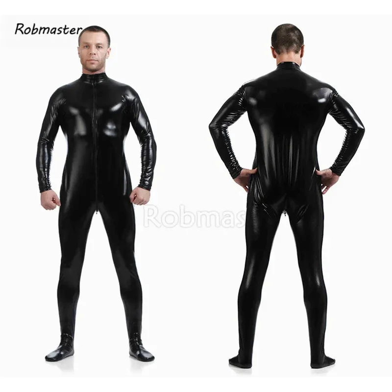 Мужской латексный костюм черные блестящие металлические колготки золотистый