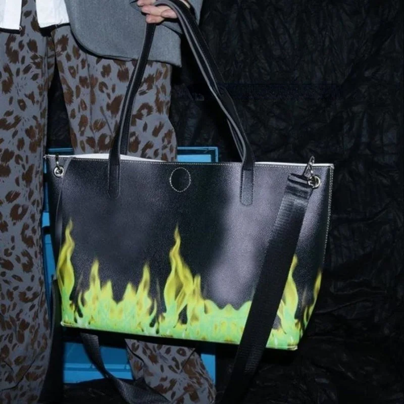 

Xiuya Hiphop Cool Green Flame Womens Tote Bag 2022 Unisex Gothic Shoulder Messenger Bag Simple Fashion Large Capacity Handbags