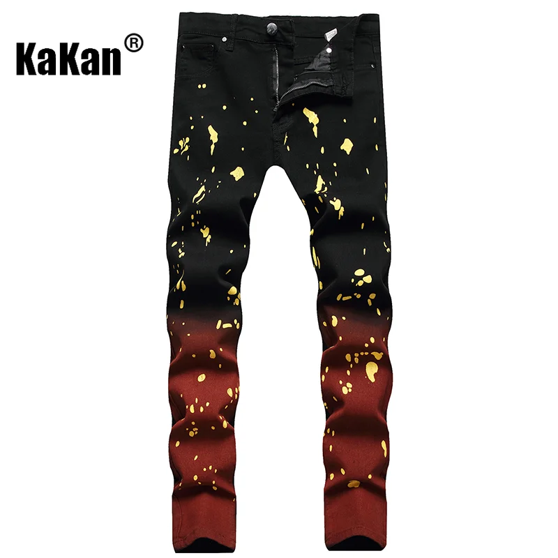 Kakan - New Distressed Color Matching Personalized Jeans for Men, Trendy Splashed Print Tight Long Jeans K49-8872