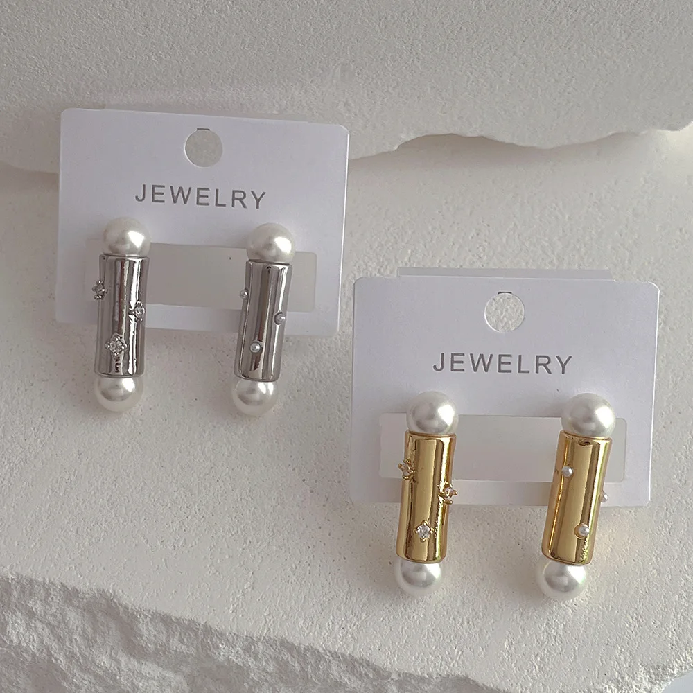 

Minar Unique Design Imitation Pearl Long Drop Earrings for Women Gold Silver Color Metallic CZ Zircon Pendant Earring Jewellery